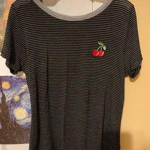 Black and white striped tee shirt with cherry